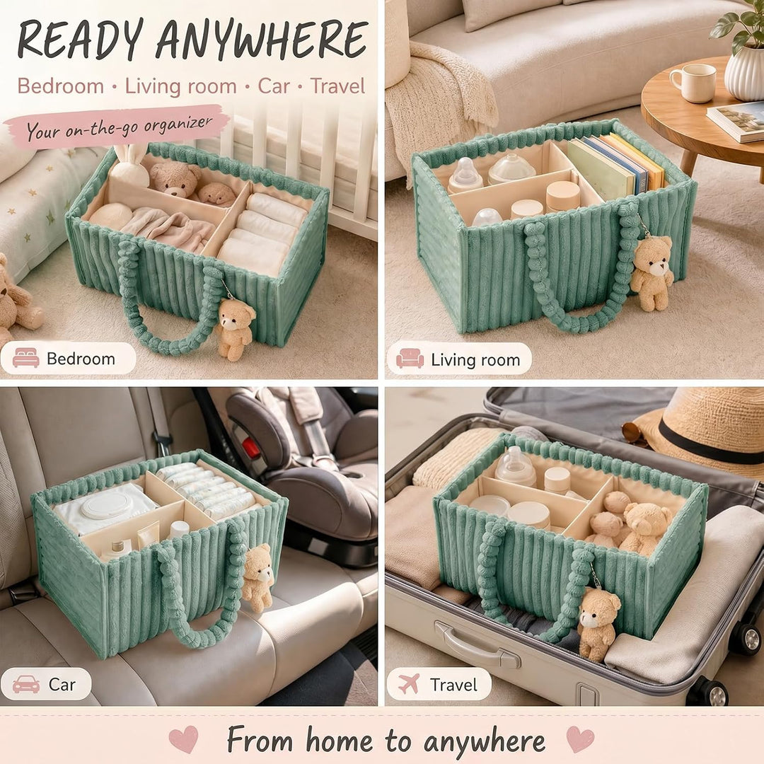 Windel Caddy Organizer aus Plüsch Baby Aufbewahrungsbox mit Bären Anhänger Grün, Grün