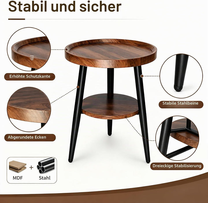 Beistelltisch Rund, Couchtisch Klein mit 2 Ablagen, Kleiner Runder Tisch Einfach zu Montieren (H48X
