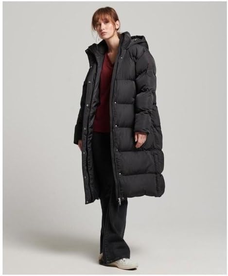 Superdry Damen Longline Hooded Puffer Coat Jacke, Schwarz