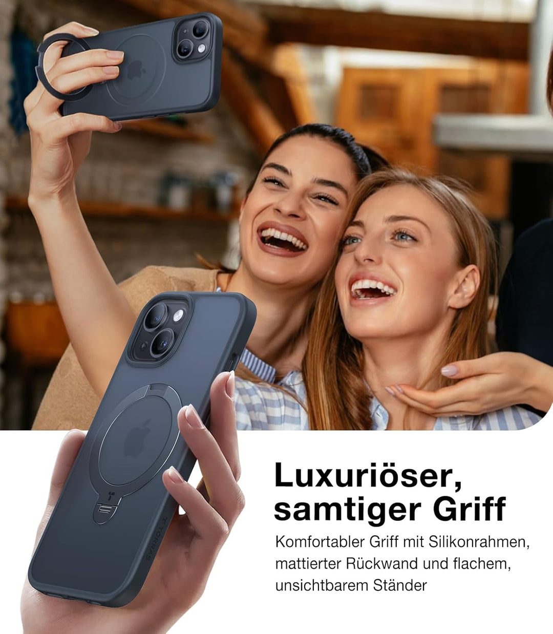 TORRAS Ostand Q3 Spin für iPhone 15 Hülle (360° Magnetischer Unsichtbarer Ständer) Zertifizierte Mil