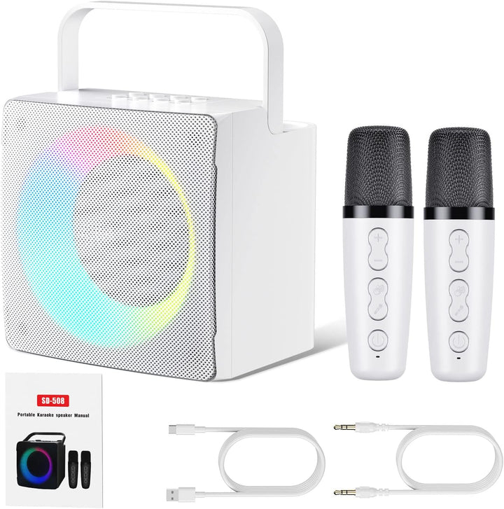 GJCrafts Karaoke Machine mit LED-Licht, Bluetooth Karaoke Lautsprecher mit 2 Drahtlosen Mikrofonen,
