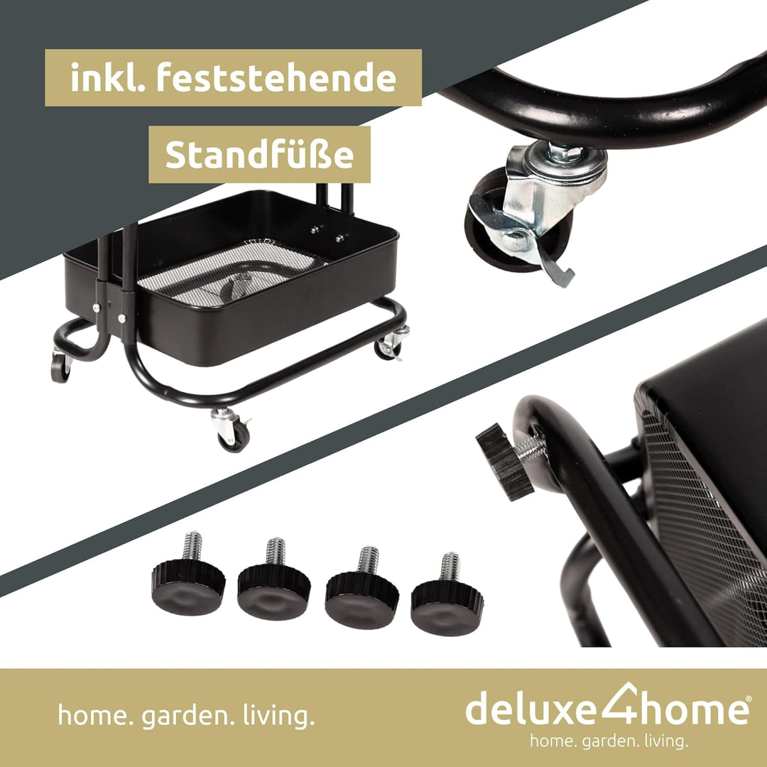 holz4home deluxe4home® Rollwagen mit 3 Ebenen I Servierwagen Küchenwagen mit Griff I Rollen mit Brem