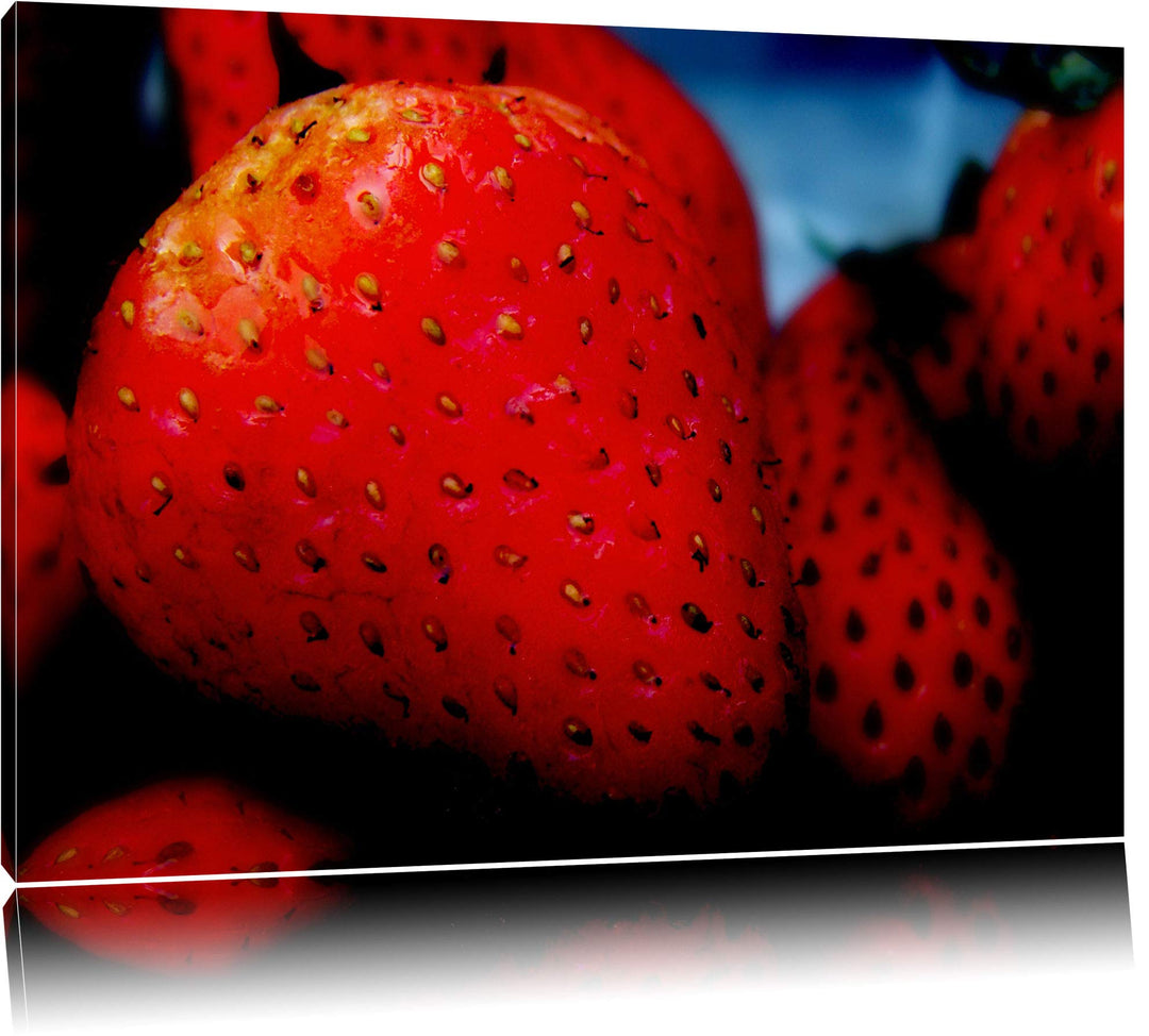 Pixxprint reife Erdbeeren auf Leinwand, XXL riesige Bilder fertig gerahmt mit Keilrahmen, Kunstdruck