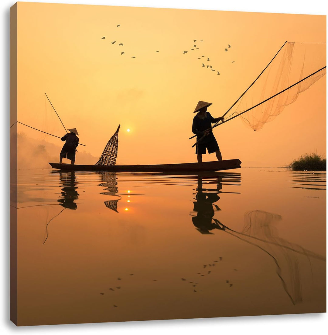 Pixxprint Fischer beim Angeln in Thailand als Leinwandbild/Grösse: 70x70 cm/Wandbild/Kunstdruck/fert