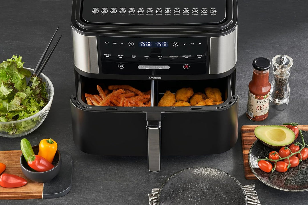 Trisa Crunchy Fry Pro Dual Heissluftfritteuse 10L mit Doppelkammer & SYNC FINISH, Airfryer mit herau