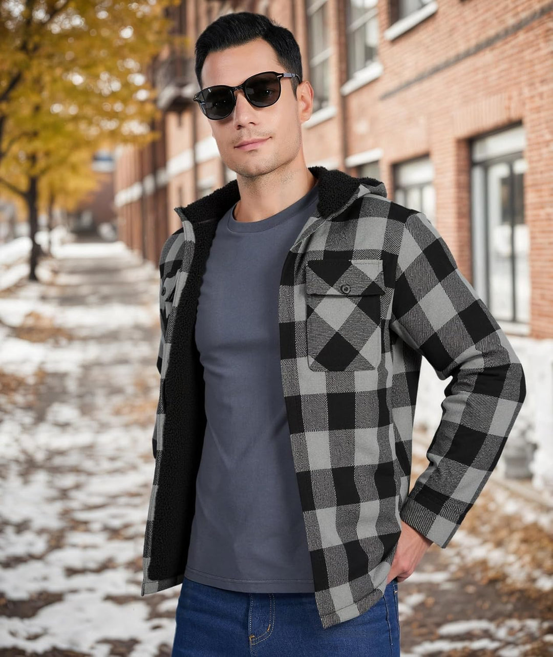 JACKETOWN Hemdjacke Kariertes Herren hoodies Flanelljacke Warm Thermohemd Herren Holzfäller Jacke Ve
