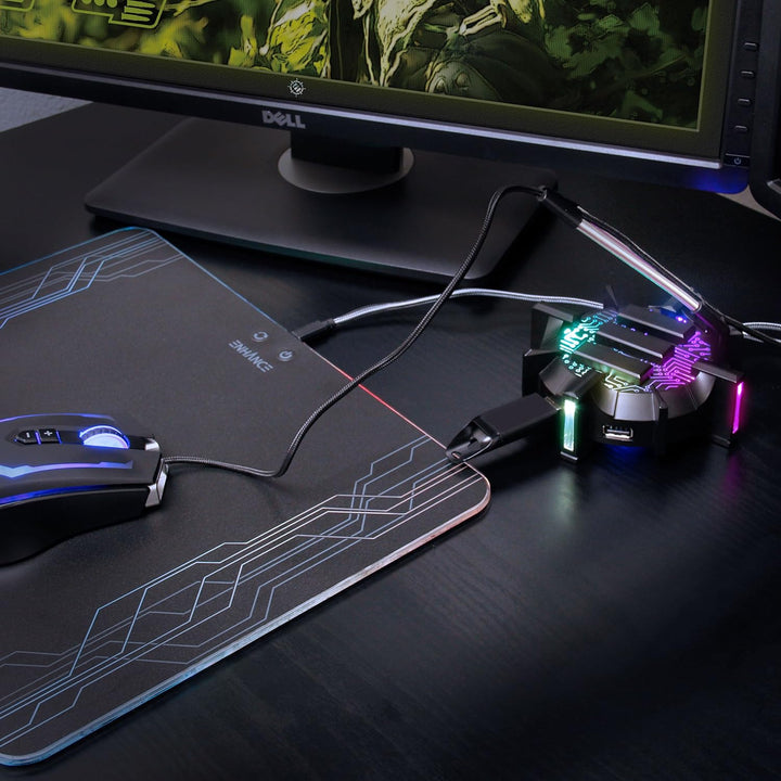 Enhance Profi Maus Bungee-Kabelhalter mit 4 Port USB-Hub & 7 LED-Leucht Modi - Kabelmanagement-Unter