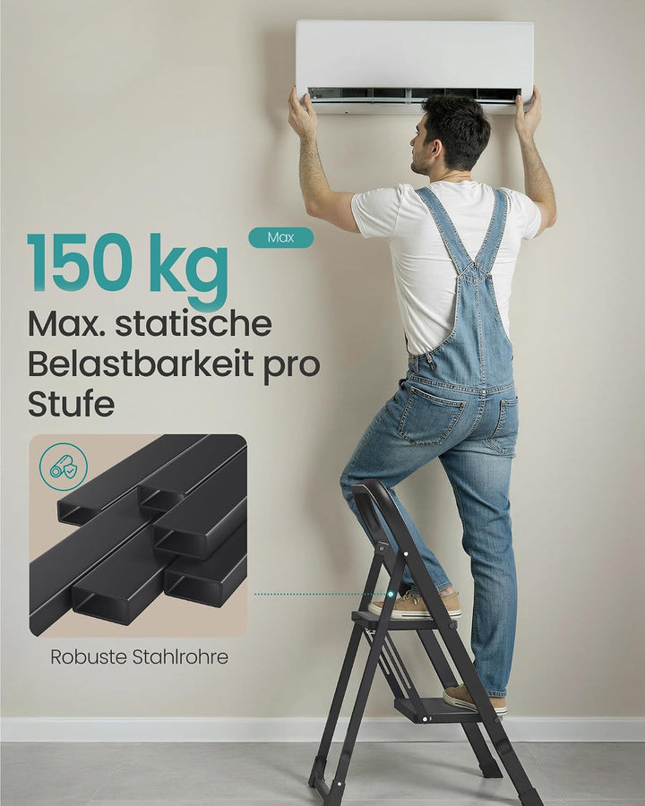SONGMICS Trittleiter, Leiter mit 2 Stufen, Klapptritt, Klappsicherung, einfach zu verstauen, bis 150