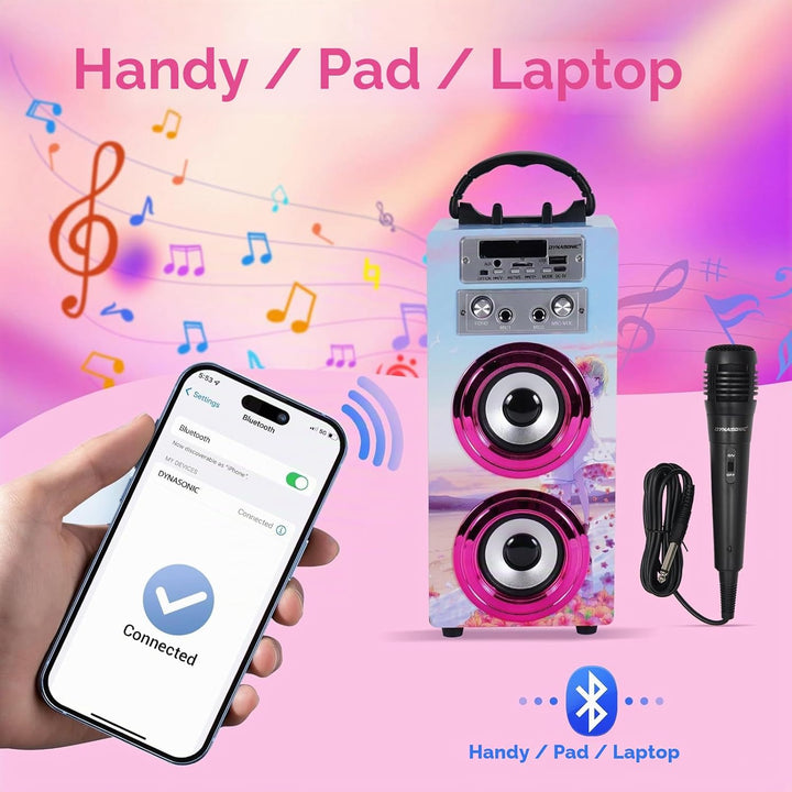 DYNASONIC Karaoke mit 2 Mikrofonen, tragbarer Karaoke-Maschine, Bluetooth-Lautsprecher, USB- und SD-