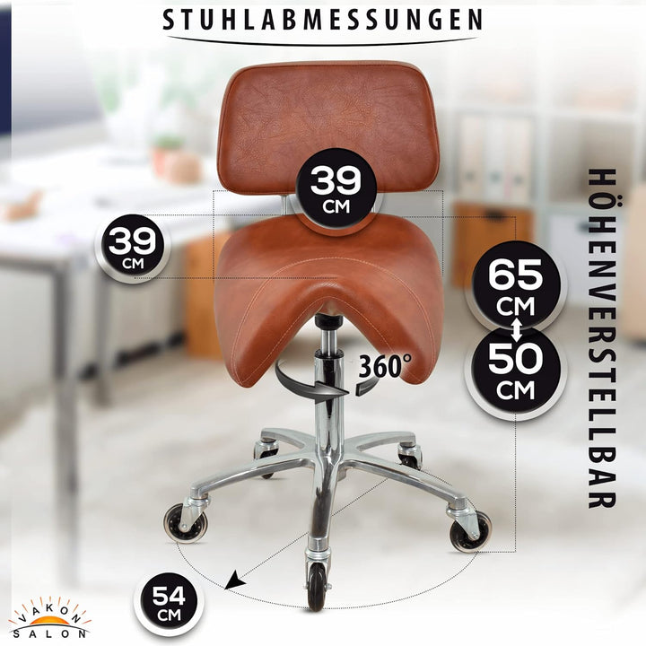 Breiter Sattelhocker mit Lehne Hellbraun Sattelstuhl für Rückenentlastung, Rollhocker höhenverstellb