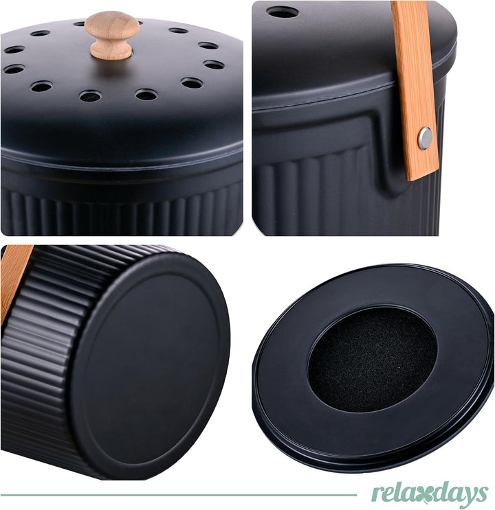 Relaxdays Komposteimer Küche, 5,6 Liter, 2 Aktivkohlefilter, schwarz | Deckel, Bambus-Henkel, Polyre