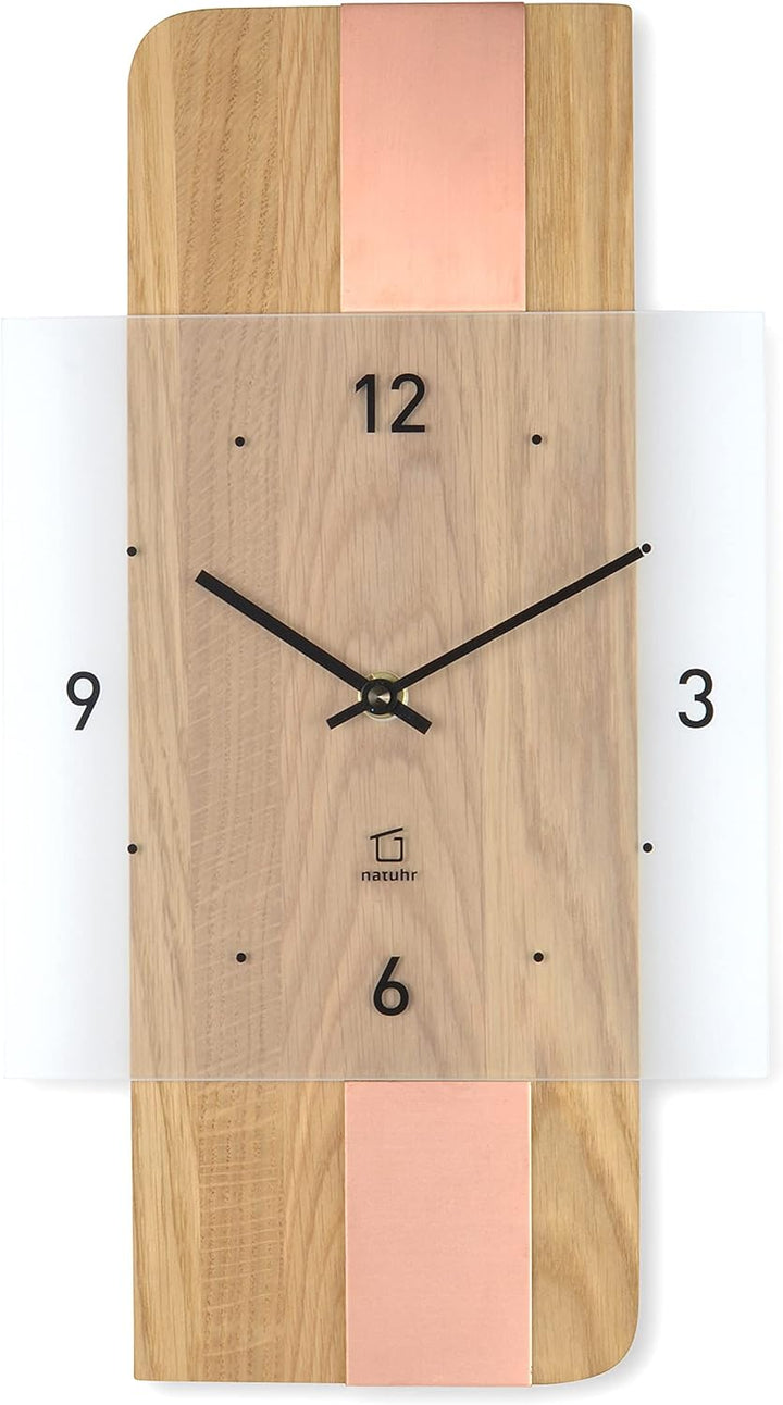 Natuhr Holz Metall Glas Wanduhr - Fusion - präzises Funk-Uhrwerk plastikfrei verpackt (Eiche geölt/K