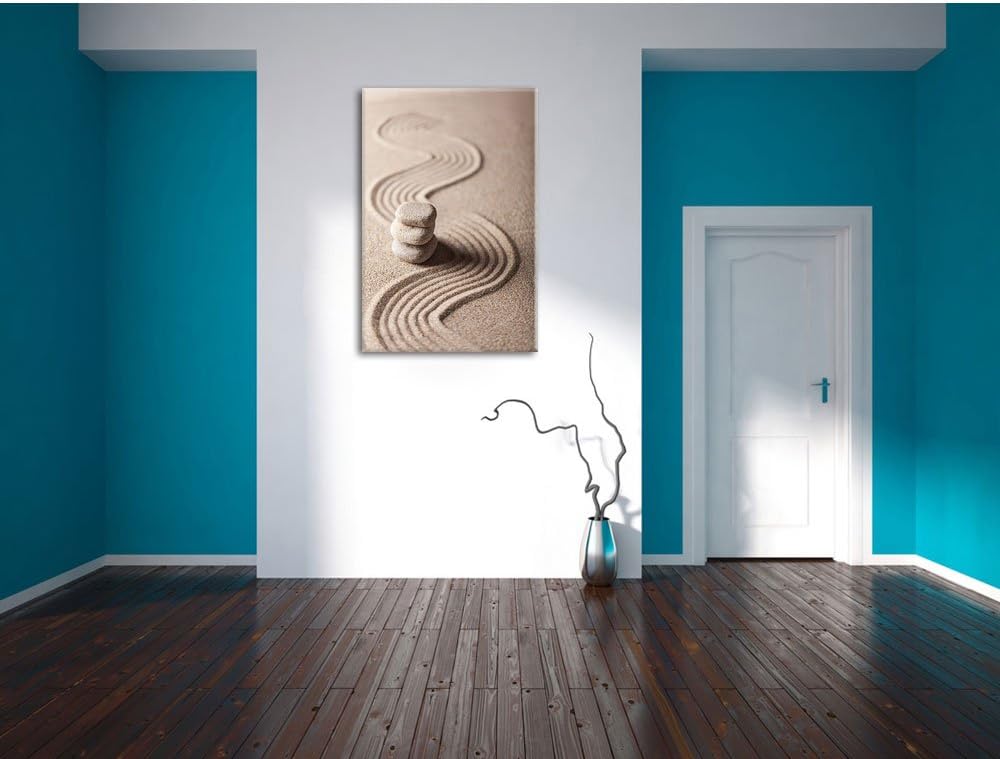 Pixxprint Wellenmuster im Sand mit Steinen, Format: 100x70 auf Leinwand, 100x70