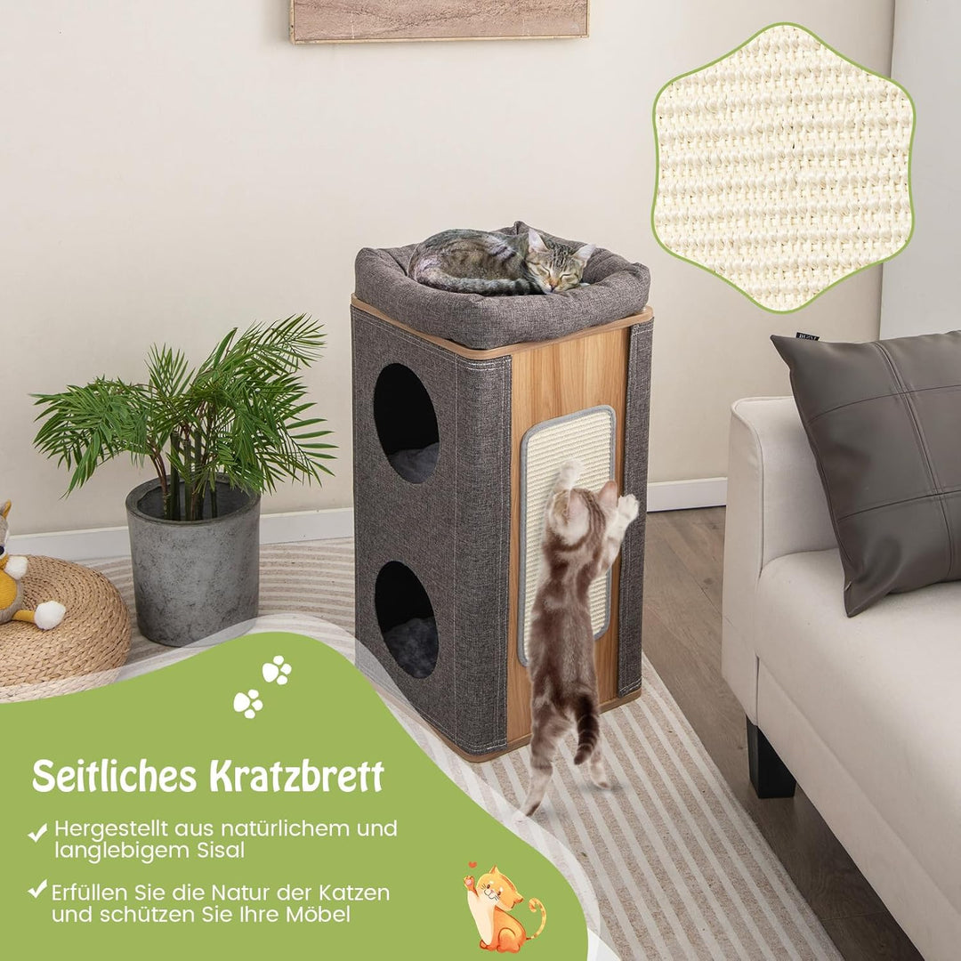 GYMAX Kratztonne 77.5 cm hoch Ø 38 cm, Kratzbaum mit Katzentonne mit 2 Höhlen, Sitzplattform, Kratzb