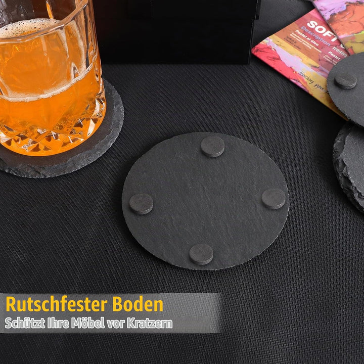 Getränkeuntersetzer mit Halter, VIBRATITE 10,2 cm schwarzer Schieferstein mit kratzfester Unterseite