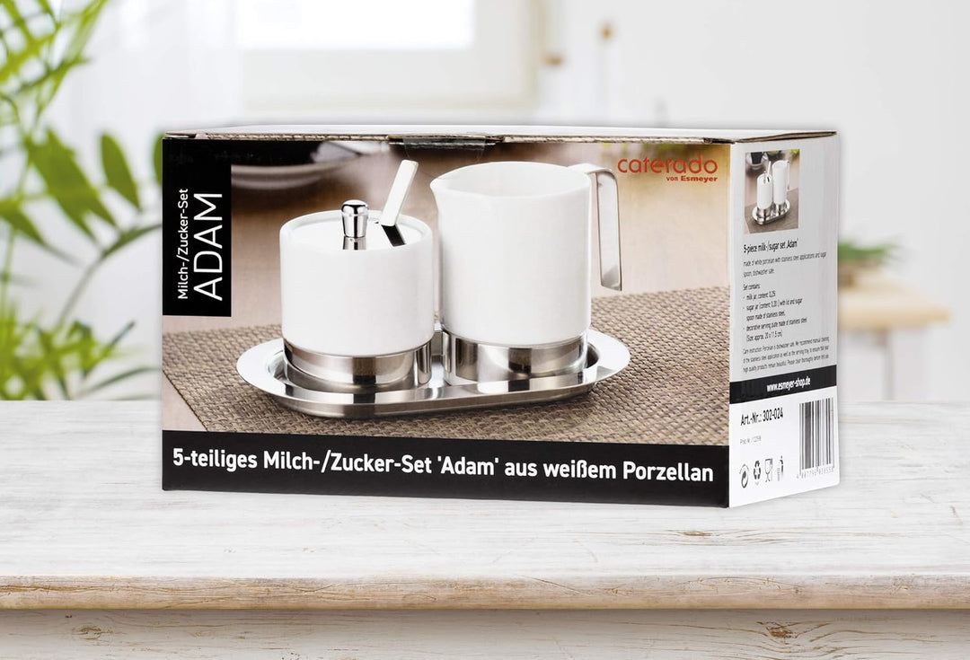 5-tlg. Zucker- und Sahneset ADAM, aus weissem Porzellan und Edelstahl.