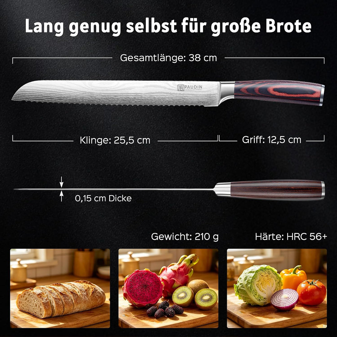 PAUDIN Brotmesser mit Wellenschliff 26 cm aus hochwertigem rostfreiem Edelstahl, extra scharfe Messe