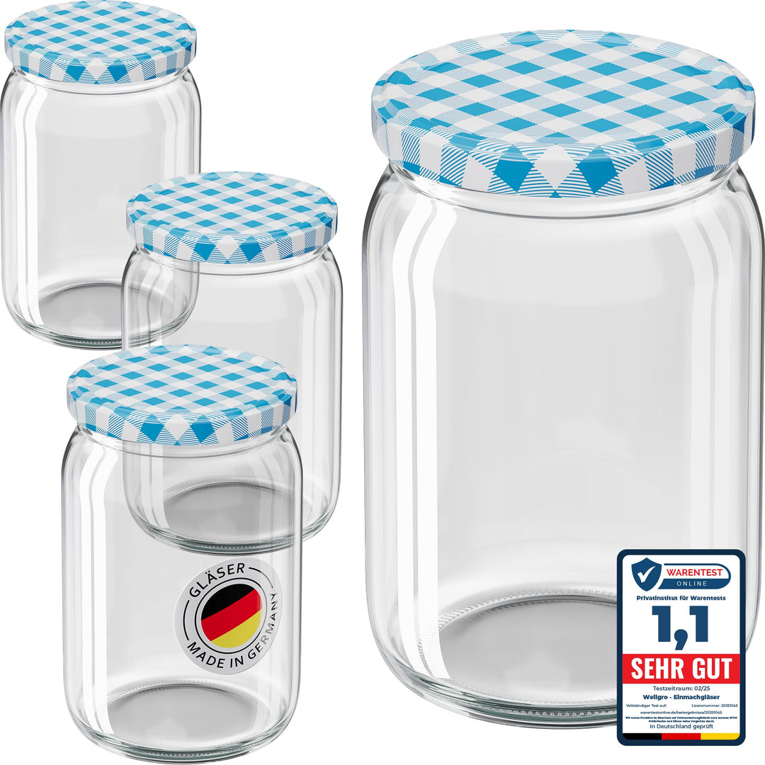 WELLGRO 50x Einmachgläser mit Schraubdeckel - 550ml - Deckel To 82 blau kariert - Made in Germany -