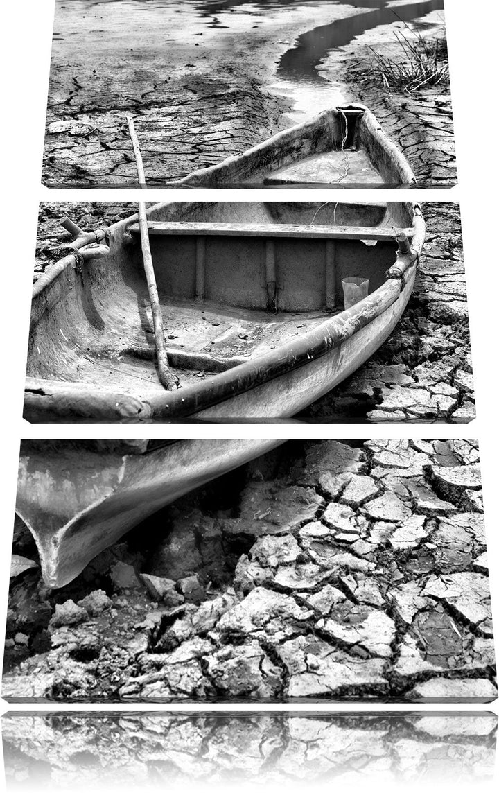 Pixxprint Monocrome, Boot im ausgetrockneten See 3-Teiler Leinwandbild 120x80 Bild auf Leinwand