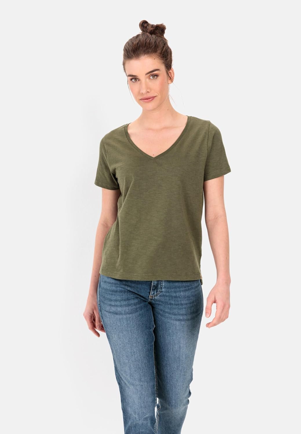 camel active Damen V-Neck T-Shirt aus Organic Cotton XS Olive, XS Olive
