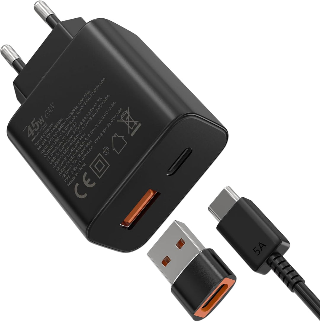 Schnellladegerät Ladeadapter netzteil 45W USB Typ-C 18W USB Typ-A Ladegerät （Schwarz 1 Stück）für:iPa
