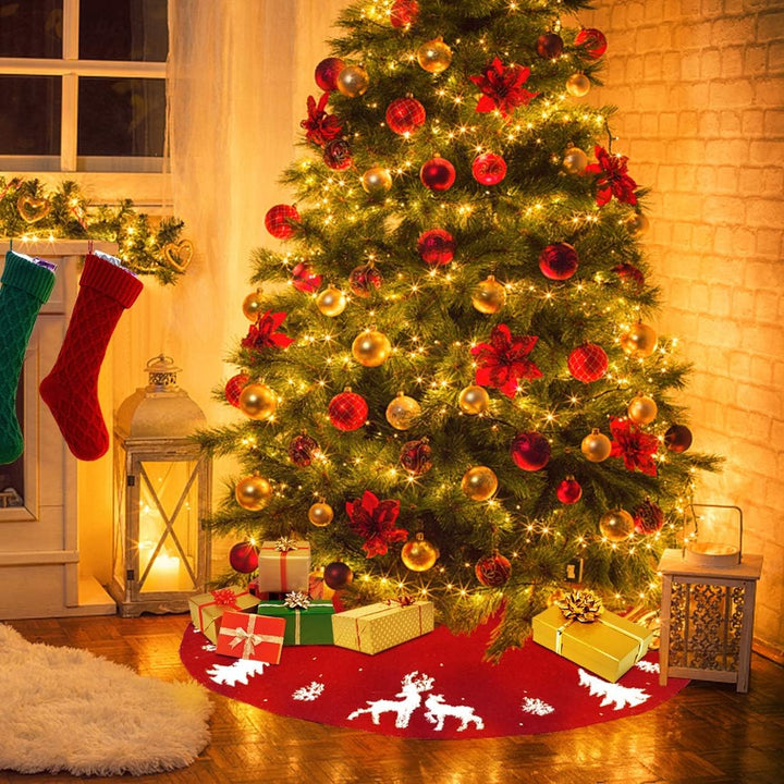 LOMOHOO Weihnachtsbaum-Rock 122cm gestrickt 3D-Elch-Weihnachtsbaum-Unterlage,Rustikaler roter Baumro