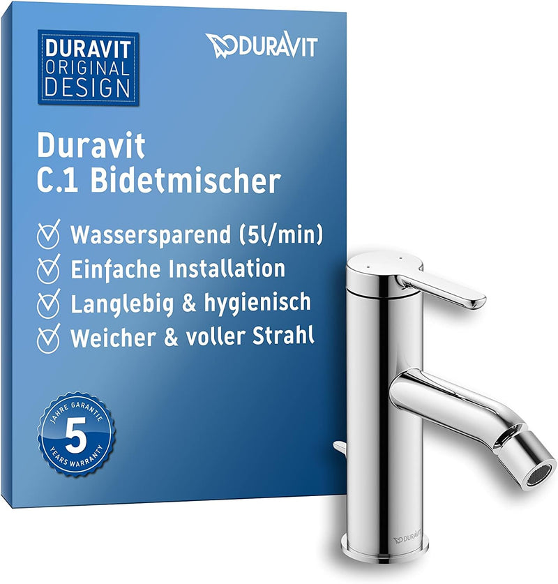 Duravit C.1 Einhebel-Bidetarmatur (Auslauf Höhe 70 mm), Bidetmischer mit Zugstangen-Ablaufgarnitur,