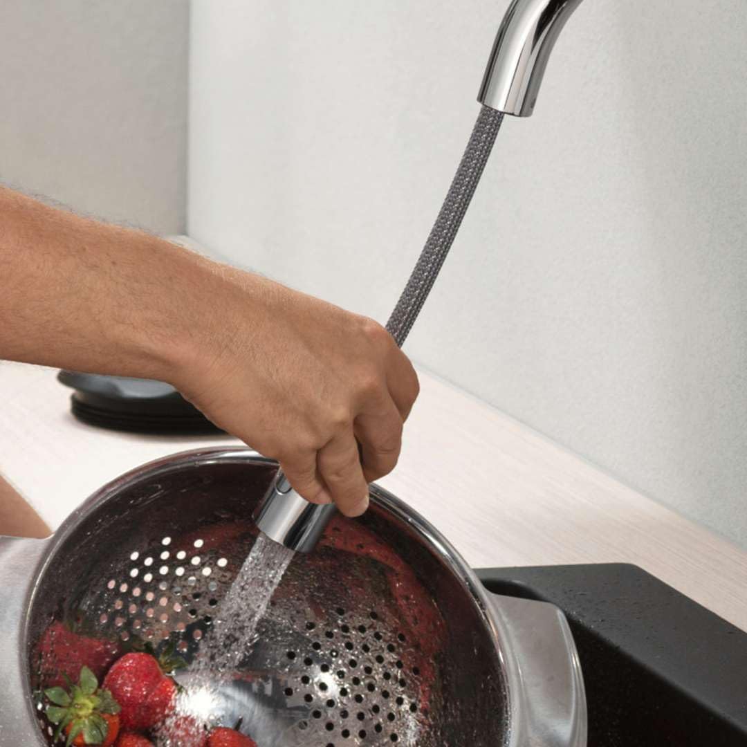 hansgrohe Küchenarmatur (Wasserhahn Küche 360° schwenkbar, ausziehbare Brause mit 2 Strahlarten, hoh
