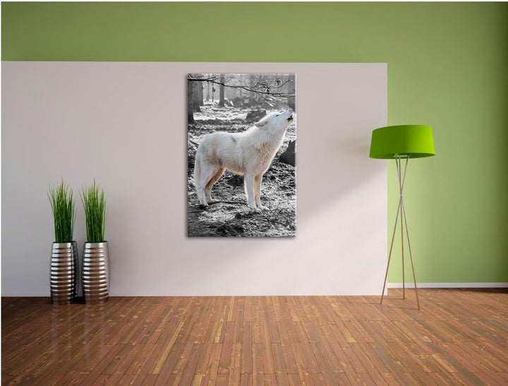 weisser jaulender Wolf im Wald schwarz/weiss Format: 100x70 auf Leinwand, XXL riesige Bilder fertig