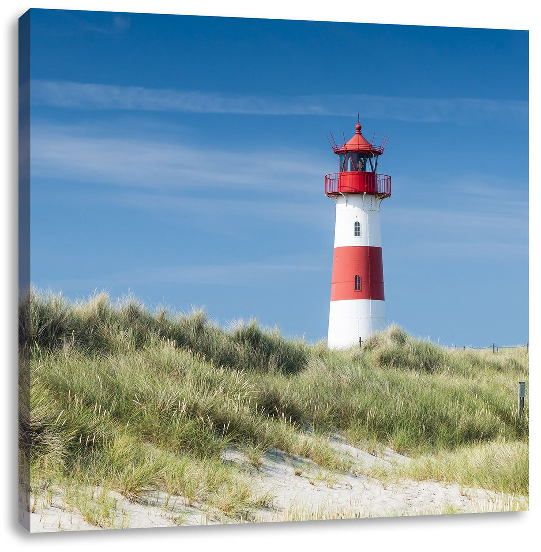 Leuchtturm hinter Dünen, Format: 70x70 auf Leinwand, XXL riesige Bilder fertig gerahmt mit Keilrahme