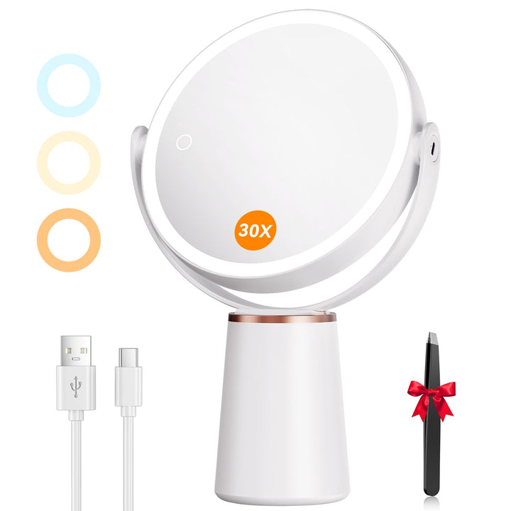 Auxmir Kosmetikspiegel mit Beleuchtung 30X/1X Vergrösserung, Schminkspiegel 3 Lichtfarben USB Auflad