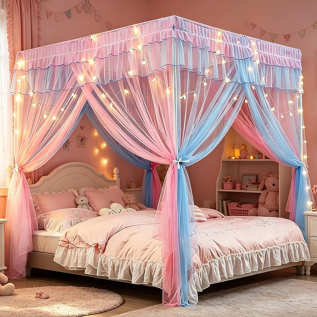 YOUYIKE Betthimmel Mädchen, 200x150x200cm Rosa Blau Zweifarbiger Moskitonetz mit LED Warmweiss Licht