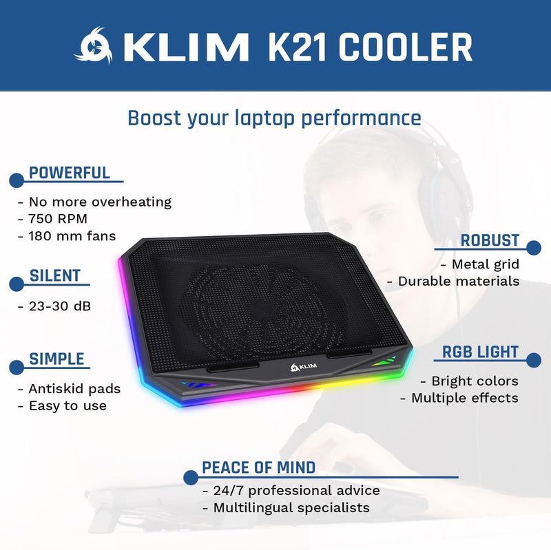 KLIM K21 + Laptop Kühler Stand mit RGB Hintergrundbeleuchtung + 11" - 17" + Gaming Notebook Kühler f