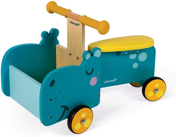 Janod - Hippopotamus Wooden Ride-On for Children - Ergonomic Handles and Silent Wheels - Storage Com
