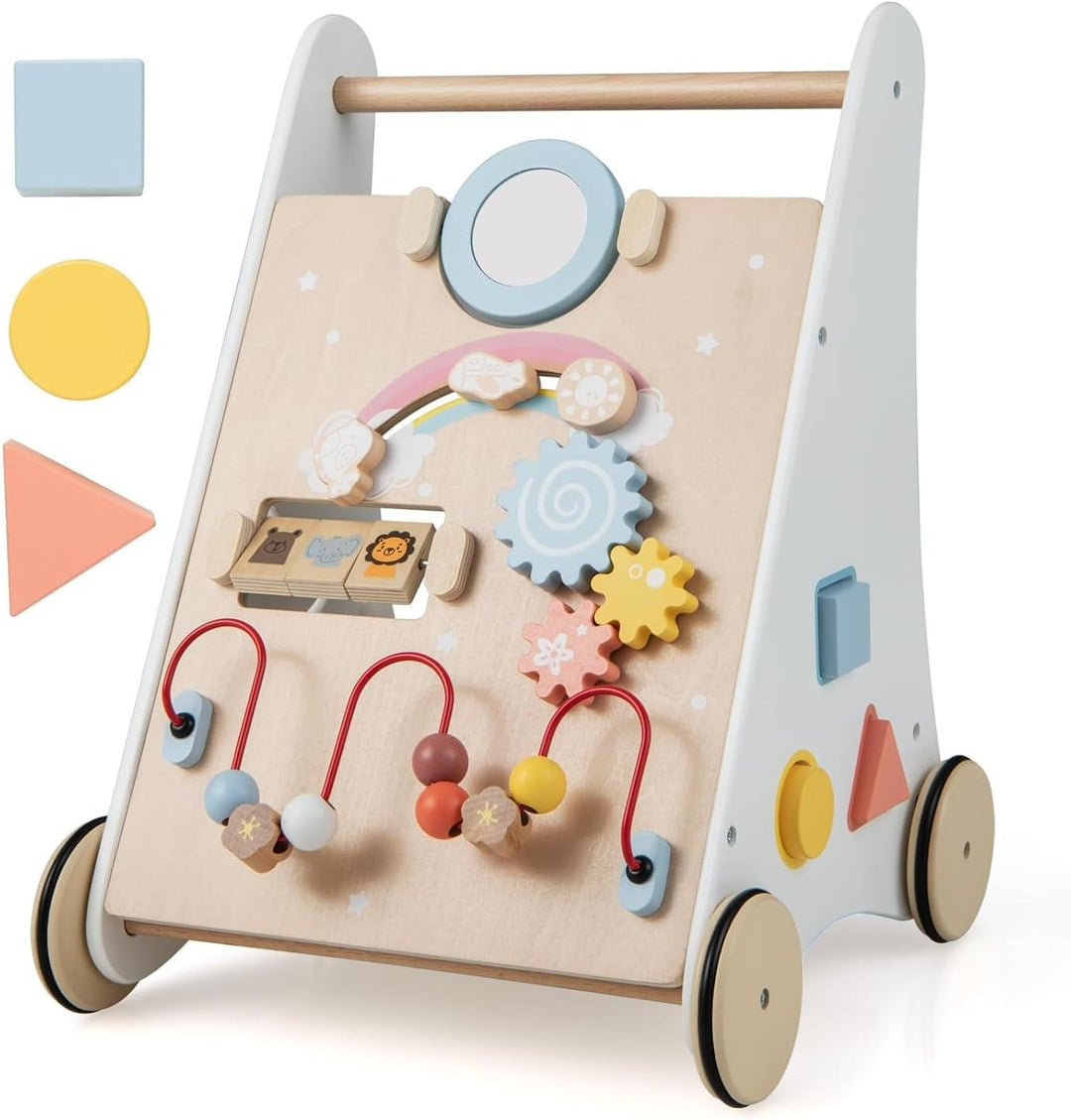 FANTASK 7 in 1 Lauflernwagen aus Holz, Lauflernhilfe mit Aufbewahrungsbox in Weiss, Montessori Baby
