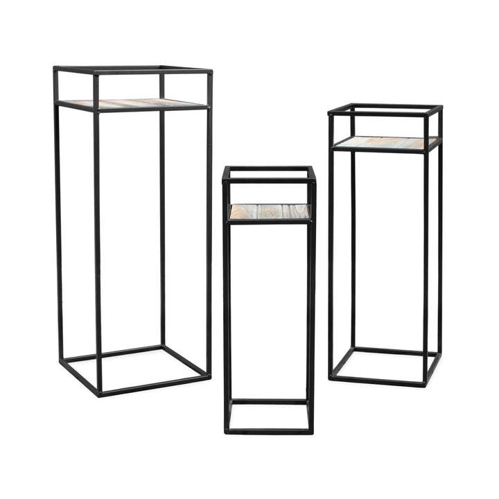Spetebo Metall Blumenhocker schwarz 3er Set - 70 / 60 / 50 cm - Pflanzenständer mit Holzplatte - Dek