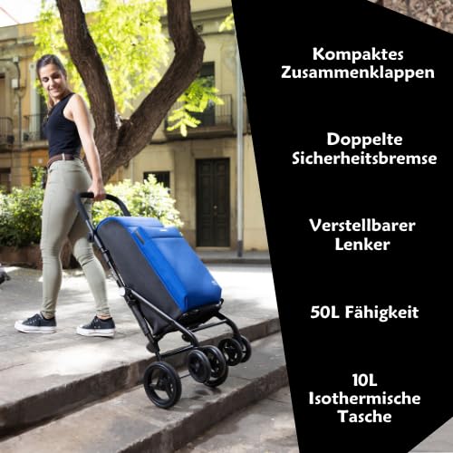 Carlett - Einkaufswagen, Faltbarer Supermarkt-Trolley, mit 4 regenfesten Rädern und einem grossen Fa