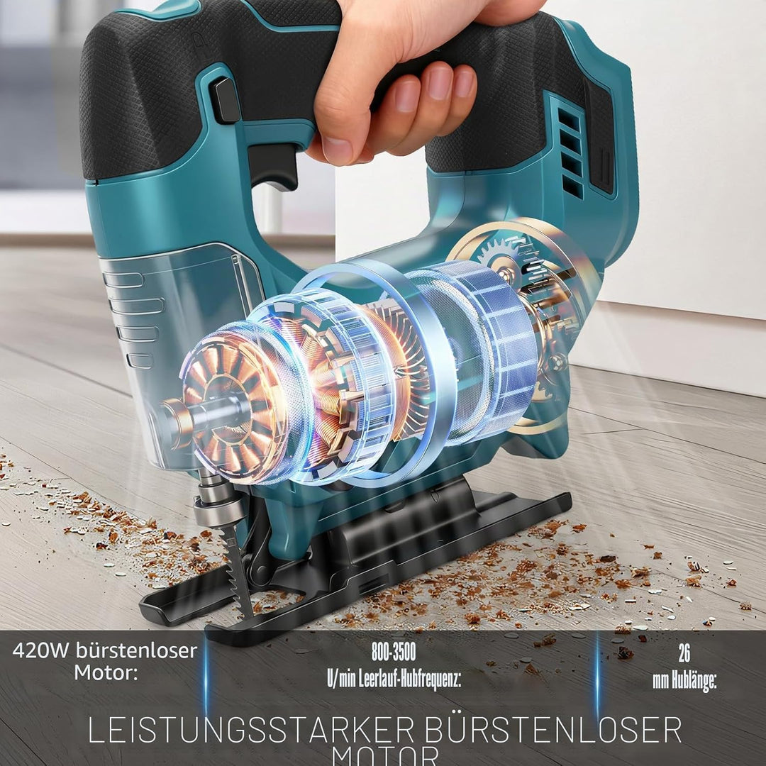 Stichsäge Kompatibel mit Makita 18V Akkus, Bürstenlose Pendelhub Stichsäge, 26 mm Hubhöhe 45° Schräg