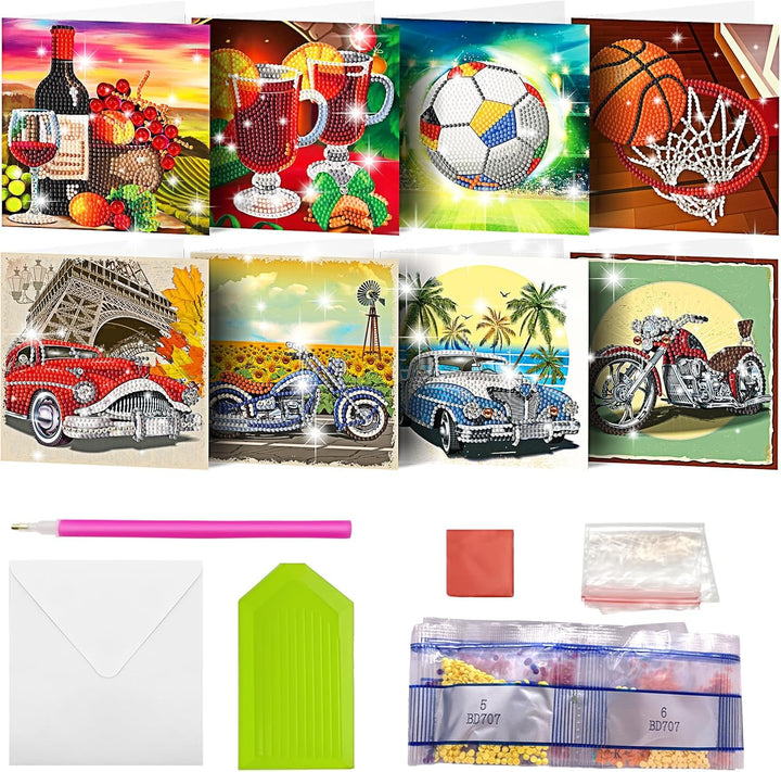 8er-Set DIY Diamond Painting Grusskarten mit Umschlag, Diamantmalerei Blanko Kunstkarten für Geburts