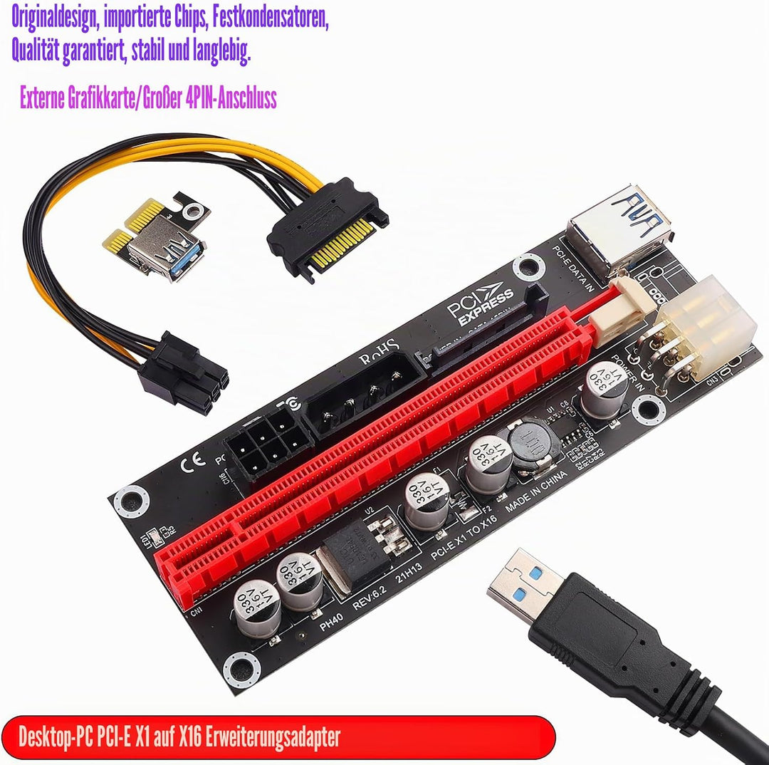 PCIe 1X auf 16X Riser Karte für Bitcoin Mining - 3 Netzteiloptionen (6Pin, Molex, SATA), 60 cm gesch
