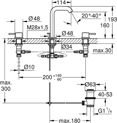 Grohe Essence Neu 3-Loch Waschtischbatterie mit niedrigem Auslauf, 20296001 mit Zugstange Ablaufgarn