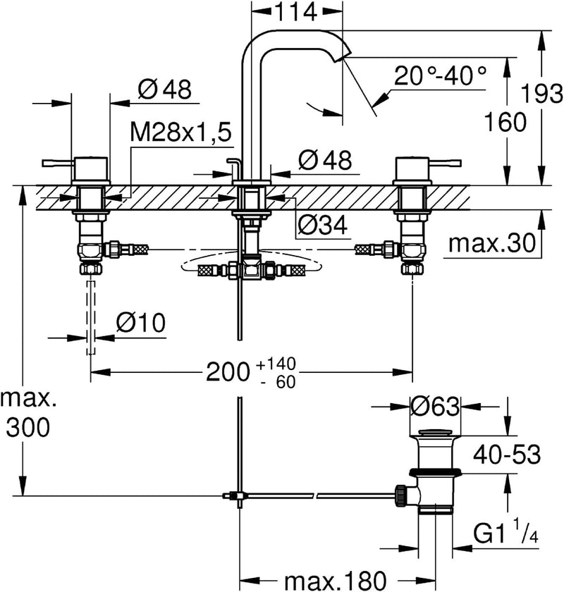 Grohe Essence Neu 3-Loch Waschtischbatterie mit niedrigem Auslauf, 20296001 mit Zugstange Ablaufgarn