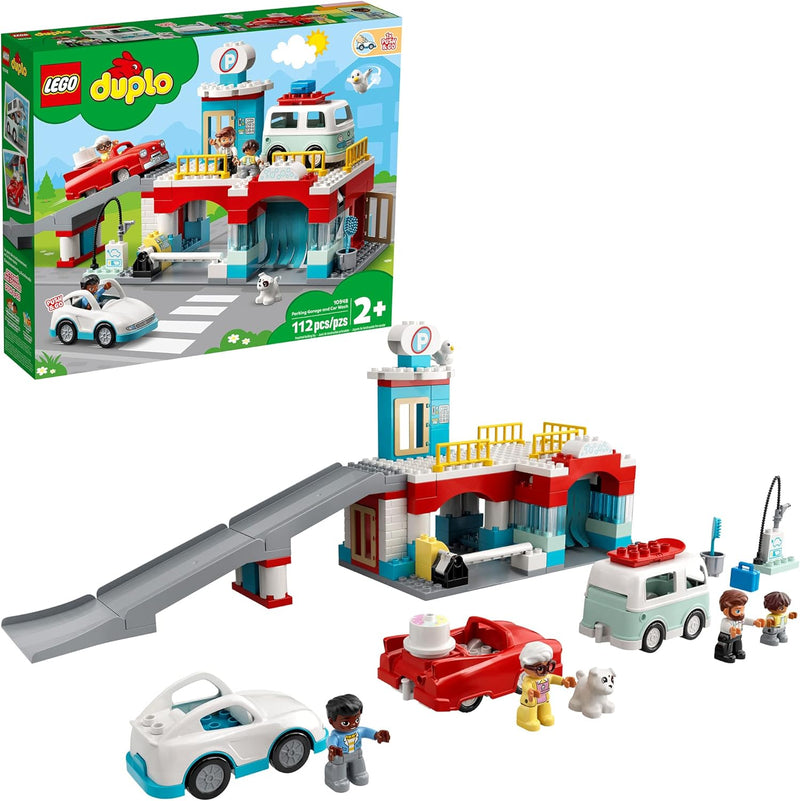 LEGO 10948 DUPLO Parkhaus mit Autowaschanlage mit Spielzeugauto, Wohnmobil und Rennauto, Garagen-Spi