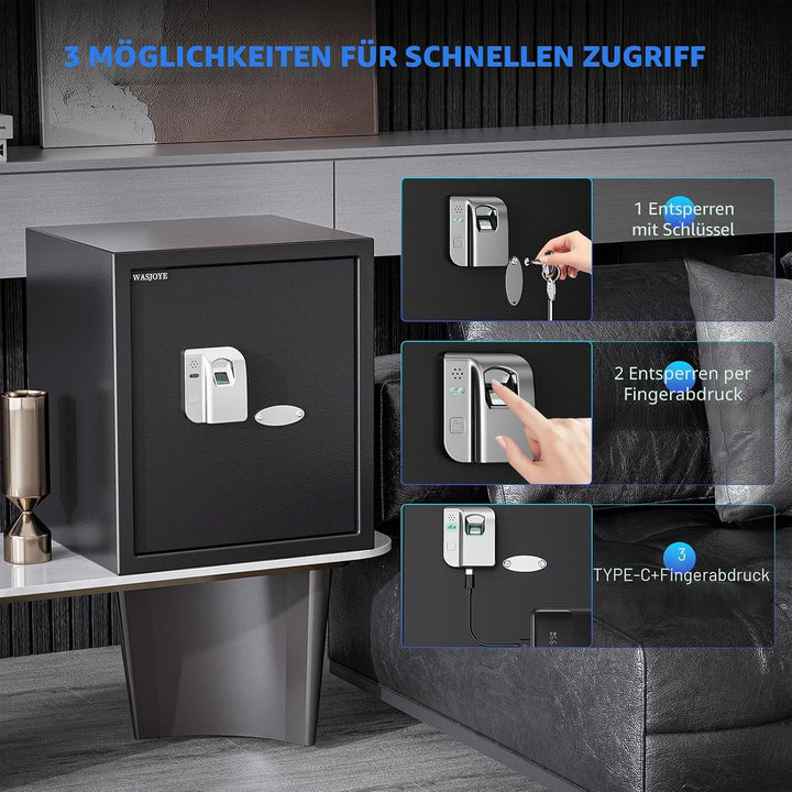 WASJOYE 43L Tresor mit Fingerabdruck, Gross Safe mit Fingerabdruck, Biometrischer Möbeltresore, Tres