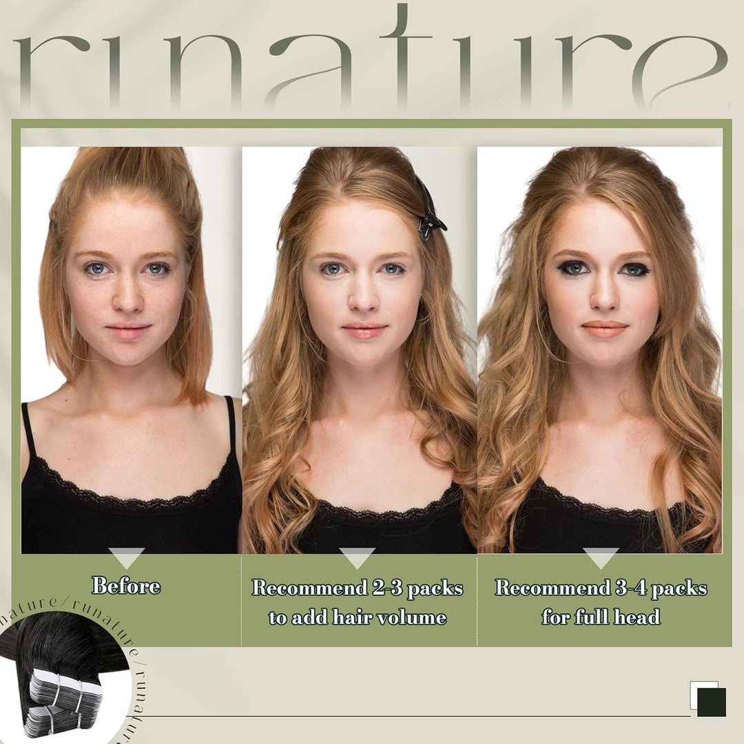 RUNATURE Unsichtbare Tape Extensions Echthaar Schwarz 50cm Haar Extensions Echthaar Tape Glatt Haarv