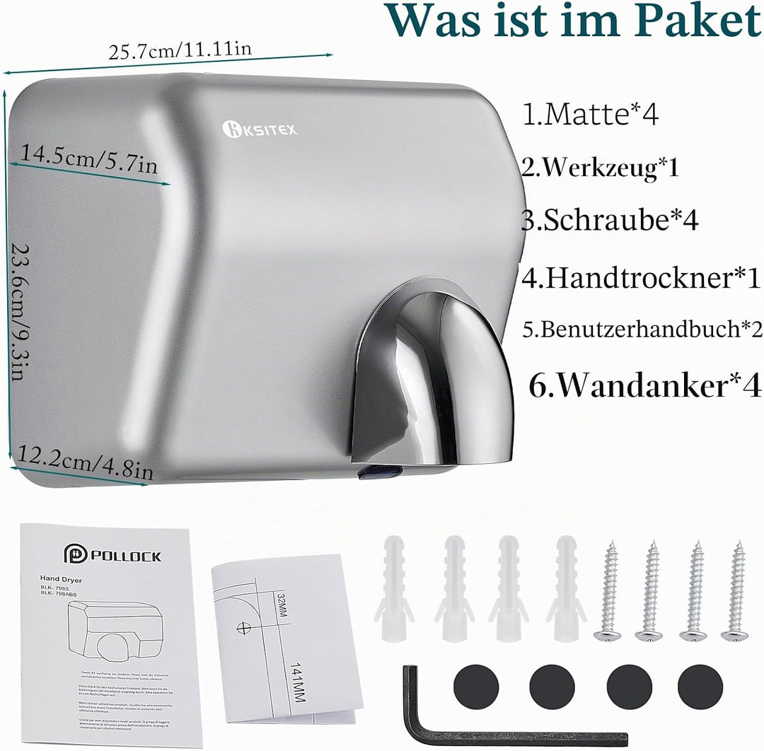 Handtrockner Kommerziell, Schneller Elektrischer Händetrockner wandmontiert, 2300W, Automatischer Se
