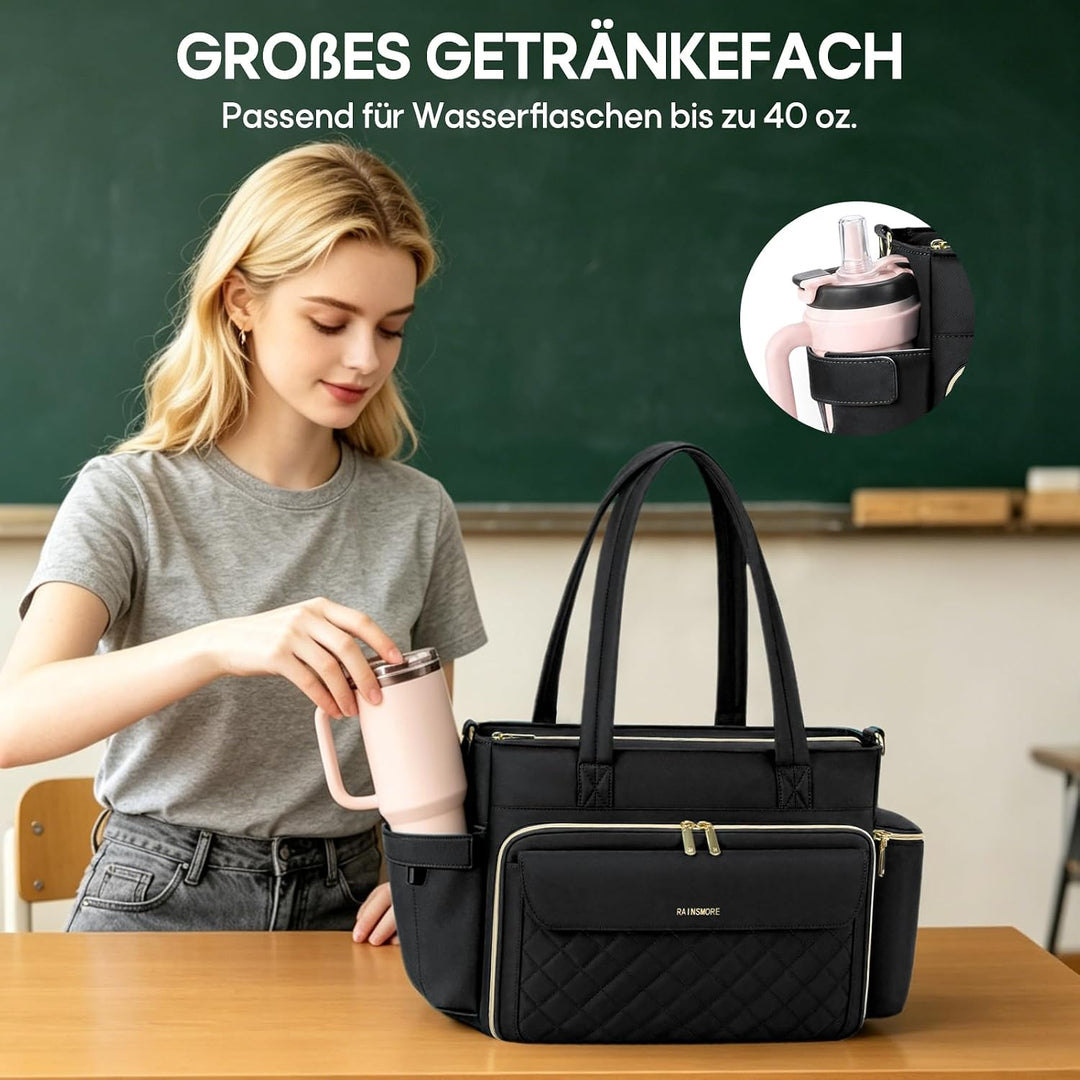 RAINSMORE Lehrertasche Damen Gross Laptoptasche, 15,6 Zoll, Schwarz | Arbeitstasche Isolierfach und