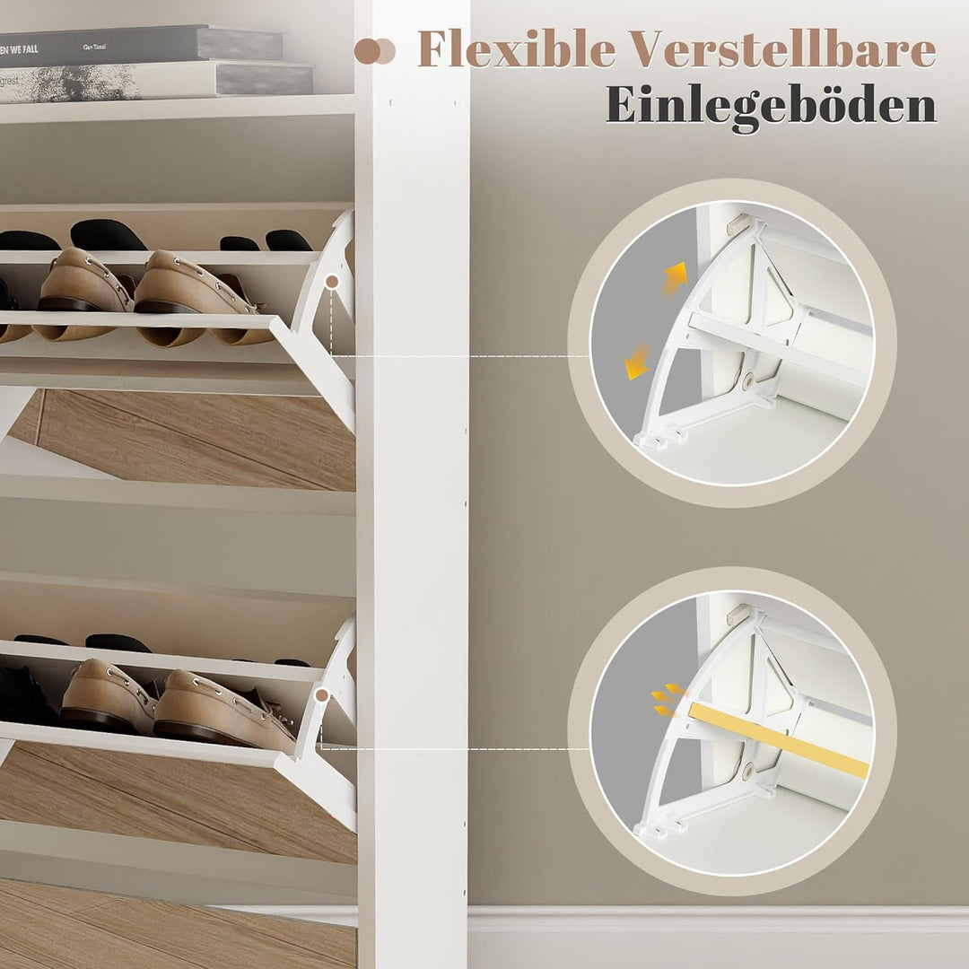 Spiegelschuhschrank mit 3 Klappfächern, Schmales Schuhaufbewahrungs-Schrank mit Spiegeltür, Freisteh