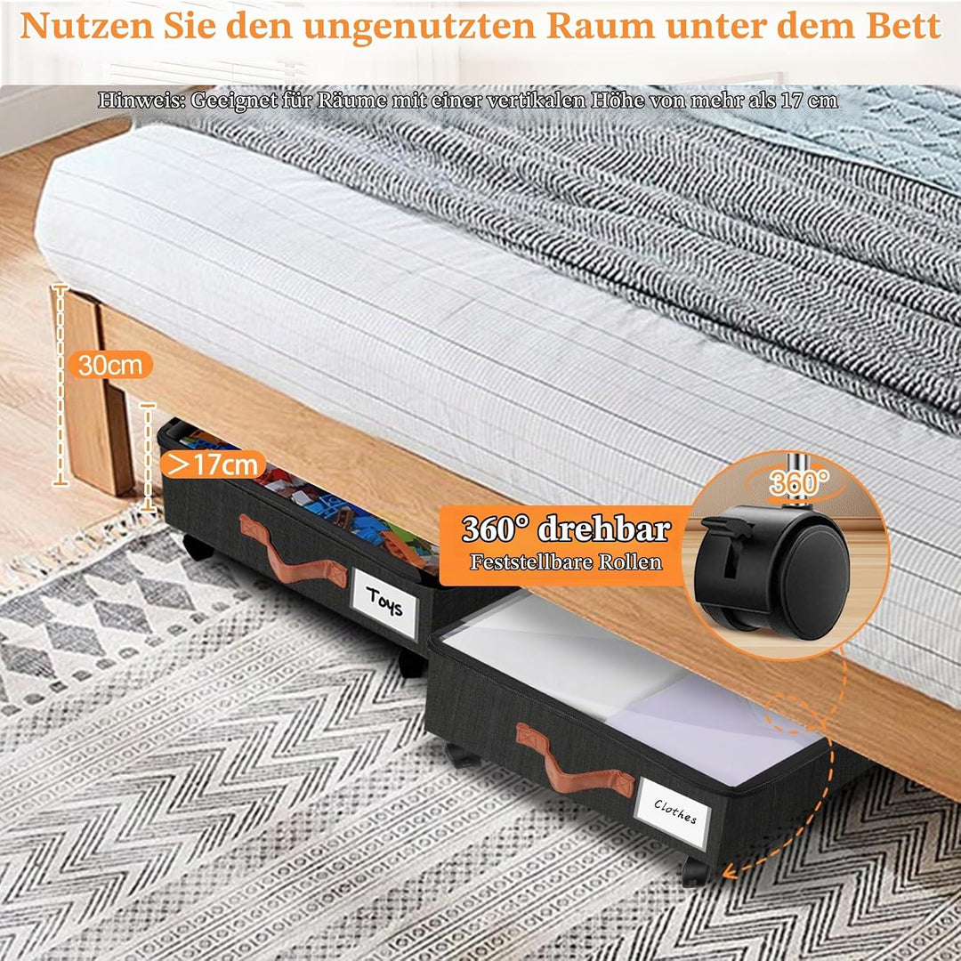 Unterbett Aufbewahrungsbox mit Rollen, 2 Stück 38L Gross Unterbett Aufbewahrung mit Deckel Metallrah