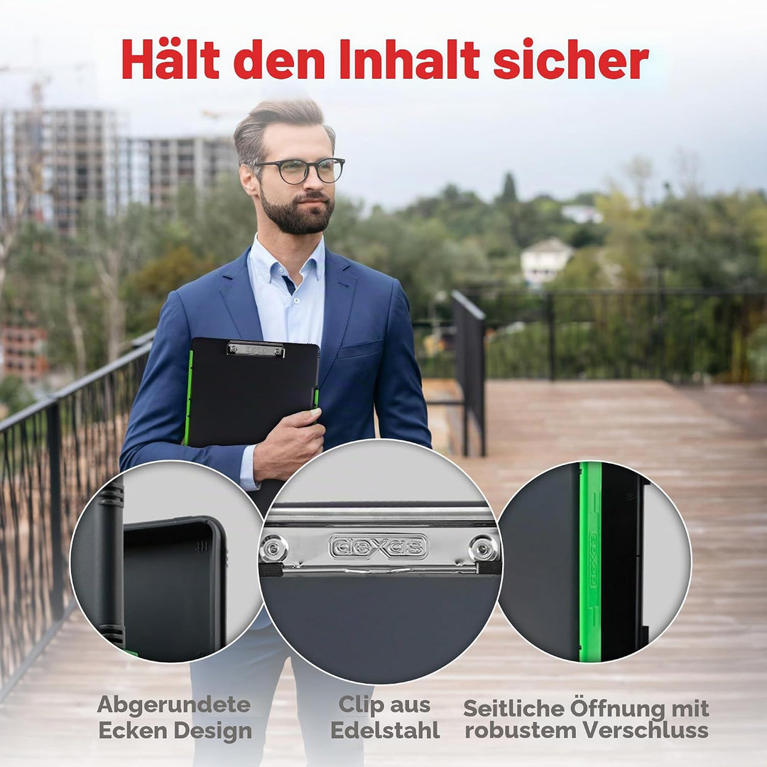 Dexas XL Slimcase 2 Klemmbrett zur Aufbewahrung, legale Grösse, Kunststoff, Grau mit grünem Clip, 15